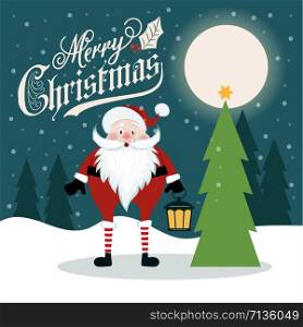 Beautiful flat design retro Christmas card with Santa and Christmas tree. Flat design. Vector