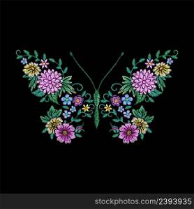 Beautiful floral butterfly. Pretty gardening flowers, shirt embroidery. Clothing print design. Fashion wildflower bouquet, nowaday metamorphosis vector. Illustration of floral and pretty butterfly. Beautiful floral butterfly. Pretty gardening flowers, shirt embroidery. Clothing print design. Fashion wildflower bouquet, nowaday metamorphosis vector concept