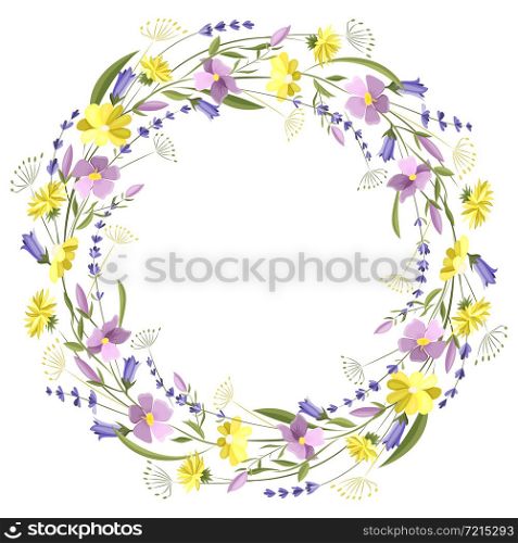 Beautiful floral round frame with wildflowers and leaves. Empty space for the text. Vector illustration