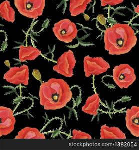 Beautiful Floral seamless pattern with poppies and stems on a black background.Vector illustration with watercolor red flowers. Can be used for textile,fabric, wrapping paper,design a web site.. Floral Pattern with Poppies