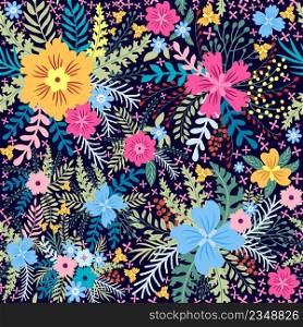 Beautiful floral seamless pattern with yellow flowers, forest grasses, leaves on a light blue-purple background. Wild flowers perfect template. Fairy meadow with flowers seamless pattern. Cute feminine design