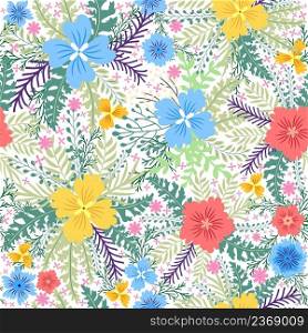 Beautiful floral seamless pattern with yellow flowers, forest grasses, leaves on a light blue-purple background. Wild flowers perfect template. Fairy meadow with flowers seamless pattern. Cute feminine design