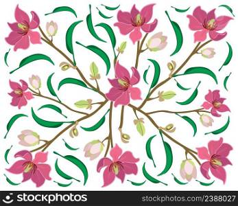 Beautiful Flower, Illustration Background of Wine Magnolia Flower or Magnolia Figo Flowers with Green Leaves on A Branch.