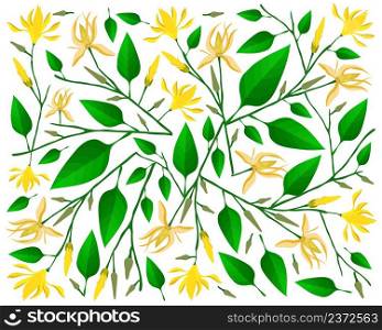 Beautiful Flower, Illustration Background of Yellow Champaka or Magnolia Champaca Flowers with Green Leaves on Tree Branches.