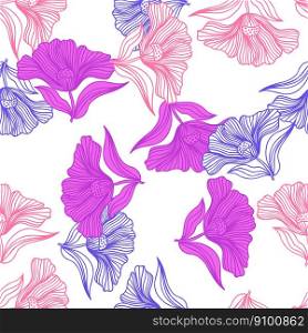 Beautiful flower line seamless pattern ornament. Floral vintage outline endless background. Retro style. Design for fabric, textile print, wrapping, cover. Vector illustration. Beautiful flower line seamless pattern ornament. Floral vintage outline endless background. Retro style.