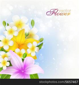 Beautiful flowers background, vector illustration with lilies - flowers, buds and leaves