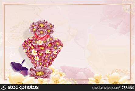 Beautiful flowers in perfume shape on marble texture,Blooming spring flowers on pink background with copy space for message,Greeting card for Valentine's Day,Woman's Day and Mother's Day holidays.