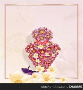 Beautiful flowers in perfume shape on marble texture,Blooming spring flowers on pink background with copy space for message,Greeting card for Valentine's Day,Woman's Day and Mother's Day holidays.