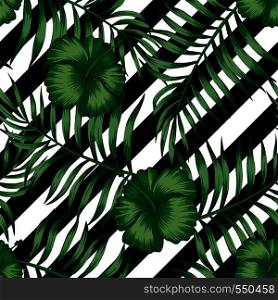 Beautiful flowers tropical abstract color hibiscus and green palm leaves seamless vector pattern on a background of geometric diagonal black and white lines