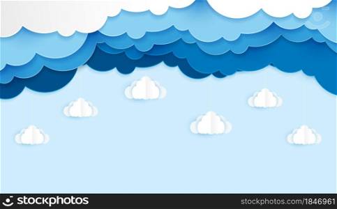 Beautiful fluffy blue clouds paper cut art style. Place for text. vector design.