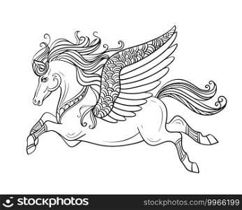Beautiful flying pegasus. Vector black and white contour illustration for coloring page. For the design of prints, posters, postcards, coloring books, stickers, tattoos,. Flying pegasus vector illustration coloring book page