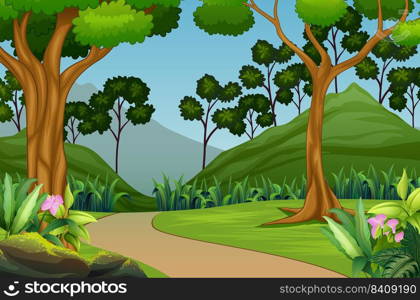 Beautiful forest landscape with mountain background 
