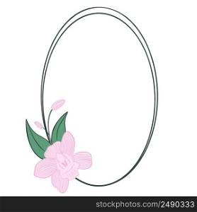 Beautiful frame with pink orchids vector illustration. Floral delicate oval wreath. Delicate rim with flowers for card or invitation isolated. Beautiful frame with pink orchids vector illustration