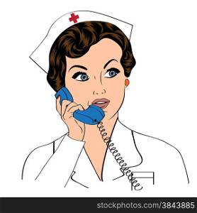 Beautiful friendly and confident nurse at phone , vector illustration