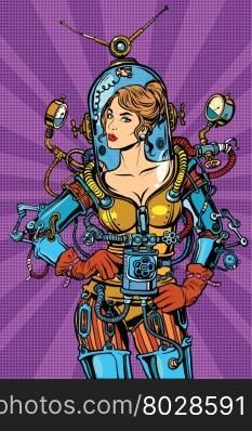 Beautiful futuristic girl in a sexy space suit pop art retro vector. Woman captain astronaut. Science fiction hero female. Beautiful futuristic girl in a sexy space suit