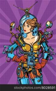 Beautiful futuristic girl in a sexy space suit pop art retro vector. Woman captain astronaut. Science fiction hero female. Beautiful futuristic girl in a sexy space suit