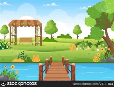 Beautiful Garden Cartoon Background Illustration With A Landscape Nature Of Plant, Flowers, Tree and Green Grass in Flat Design Style