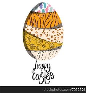 Beautiful giant easter egg with pattern and hand lettering note happy easter. White background. Clip art with copyspace. Greeting card, poster design element. Vector illustration.. Beautiful giant easter egg with pattern.