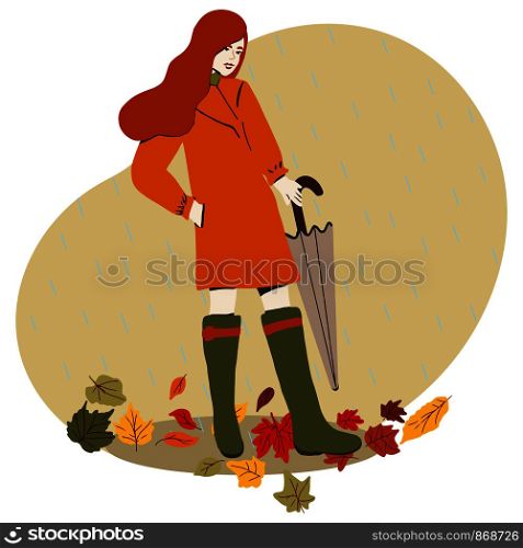 Beautiful ginger hair girl with umbrella wearing orange coat and green boots. Autumn bright colors illustration. Flat cartoon style. Vector. Beautiful red hair girl with umbrella.