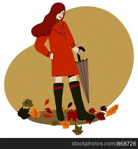 Beautiful ginger hair girl with umbrella wearing orange coat and green boots. Autumn bright colors illustration. Flat cartoon style. Vector. Beautiful red hair girl with umbrella.