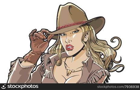 Beautiful girl cowboy hat and clothing. Superhero, movie star, model