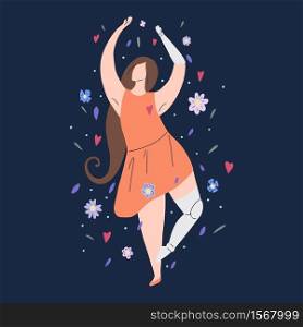 Beautiful girl dancing in flowers with prosthetic arm and leg on dark background. Modern flat illustration of a strong self sufficient woman for postcards and banners. Self love and body positive. Beautiful girl dancing in flowers with prosthetic arm and leg on dark background. Modern flat illustration of a strong self sufficient woman