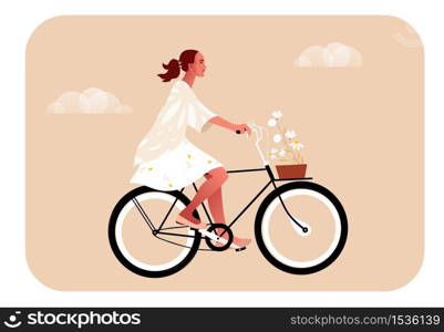 Beautiful girl dressed in stylish clothes riding bicycle with flower bouquet in front basket. Adorable happy young woman on bike. Flat cartoon pastel colors vector illustration.