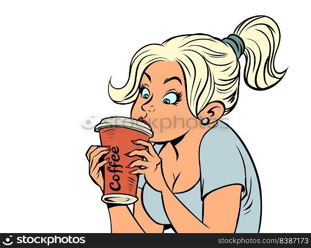Beautiful girl drinking hot coffee, paper cup, morning cafeteria. comic cartoon kitsch vintage style hand drawing illustration. Beautiful girl drinking hot coffee, paper cup, morning cafeteria