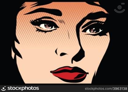 Beautiful girl face in the dark noir pop art retro style. The light and shadow. womans face vector illustration retro. Beautiful girl face in the dark noir