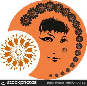 Beautiful girl face on an orange circle