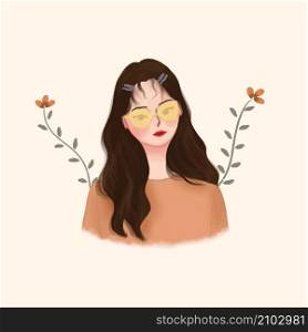 Beautiful girl hand drawn illustration vector with brown fashion and flower. Portrait of a beautiful woman.