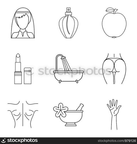 Beautiful girl icons set. Outline set of 9 beautiful girl vector icons for web isolated on white background. Beautiful girl icons set, outline style