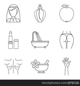 Beautiful girl icons set. Outline set of 9 beautiful girl vector icons for web isolated on white background. Beautiful girl icons set, outline style