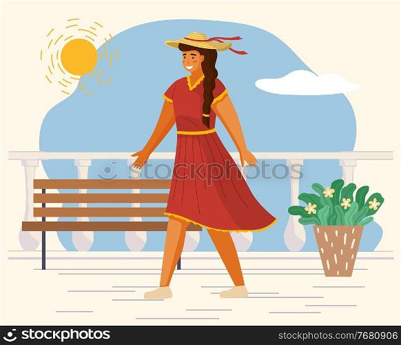 Beautiful girl in a straw hat in summer day outdoor. Young cheerful woman walking on the white seafront. Smiling female character wearing red light dress. Elegant pretty girl on a terrace with bench. Young cheerful woman walking on the white seafront. Elegant pretty girl on a terrace with bench