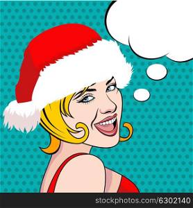 Beautiful girl in Christmas cap. Vector illustration in the style of a comic book. Place for text bubble speak.