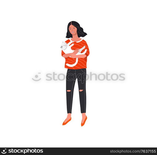 Beautiful girl in daily life scene. Happy trendy young woman resting and playing with cat. Flat cartoon vector illustration. Set of beautiful girl in daily life scenes. Happy trendy young woman resting and playing with cat. Flat cartoon vector