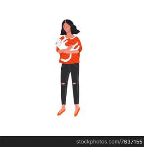 Beautiful girl in daily life scene. Happy trendy young woman resting and playing with cat. Flat cartoon vector illustration. Set of beautiful girl in daily life scenes. Happy trendy young woman resting and playing with cat. Flat cartoon vector