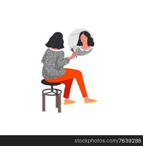 Beautiful girl in daily life scene. Young woman makes up and relaxes. Flat cartoon vector illustration. Set of beautiful girl in daily life scenes. Young woman shopping, makes up, sleeping, relaxes, takes bath, chooses clothes, playing with cat, working, watering flower. Flat cartoon vector
