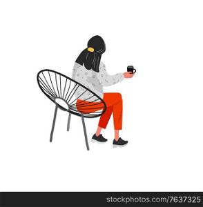 Beautiful girl in daily life scene. Young woman resting in armchair or ottoman and drinking coffee or wine . Flat cartoon vector illustration. Set of beautiful girl in daily life scene. Young woman resting in armchair or ottoman and drinking coffee or wine . Flat cartoon vector