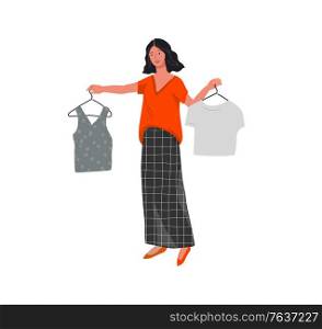 Beautiful girl in daily life scene. Young woman shopping and chooses clothes Flat cartoon vector illustration. Set of beautiful girl in daily life scenes. Young woman shopping and chooses clothes Flat cartoon vector