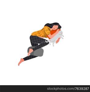 Beautiful girl in daily life scene. Young woman sleeping, relaxes with white cat. Flat cartoon vector illustration. Set of beautiful girl in daily life scenes. Young woman sleeping, relaxes with white cat. Flat cartoon vector