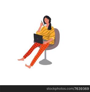 Beautiful girl in daily life scene. Young woman working at laptop with pen. Flat cartoon vector illustration. Set of beautiful girl in daily life scenes. Young woman shopping, makes up, sleeping, relaxes, takes bath, chooses clothes, playing with cat, working, watering flower. Flat cartoon vector