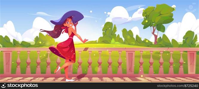 Beautiful girl in dress and hat standing on house terrace with white marble balustrade and view to summer backyard or garden with green grass and trees, vector cartoon illustration. Beautiful girl on house terrace with balustrade