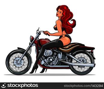 Beautiful girl in leather clothes sitting on a motorcycle draw in retro style isolated on white background. Vector illustration