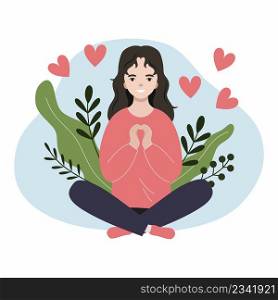 Beautiful girl in lotus position. Woman holds hands in shape heart. Love yourself.