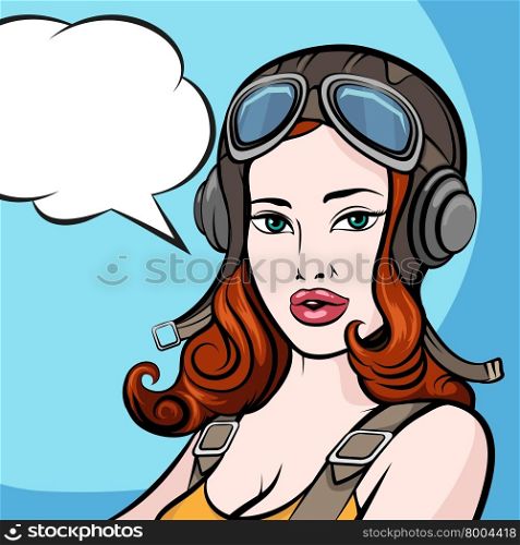 Beautiful girl in pilot helmet and empty speech bubble. Comic Pin up style.