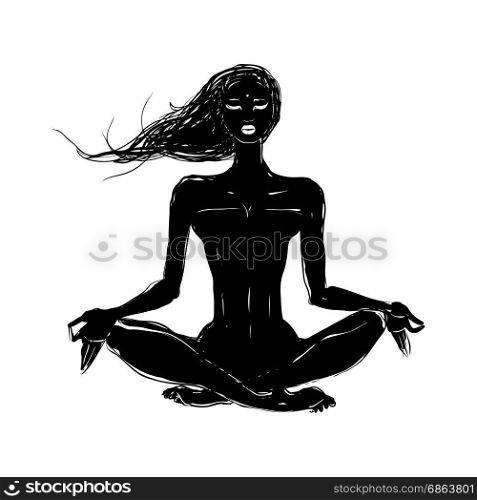 Beautiful girl in yoga pose. Yoga, Hand drawn vector illustration. Meditation in lotus pose. Padmasana silhouette of woman.