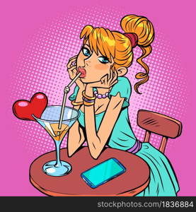 Beautiful girl is drinking a cocktail. Valentines day holiday. red heart valentine card. Cartoon comic book pop art illustration drawing. Beautiful girl is drinking a cocktail. Valentines day holiday