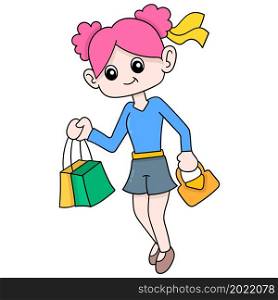 beautiful girl is happily walking after buying up shopping