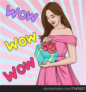 Beautiful girl is happy when receiving a gift Surprised gesture Illustration vector On pop art comics style Abstract dot colorful background